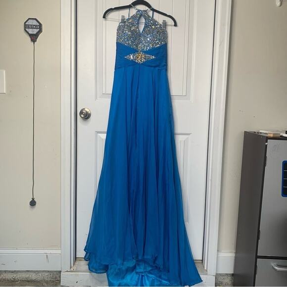 Cassandra Stone by Mac Duggal embellished beaded blue halter maxi gown size 6 - Picture 1 of 7